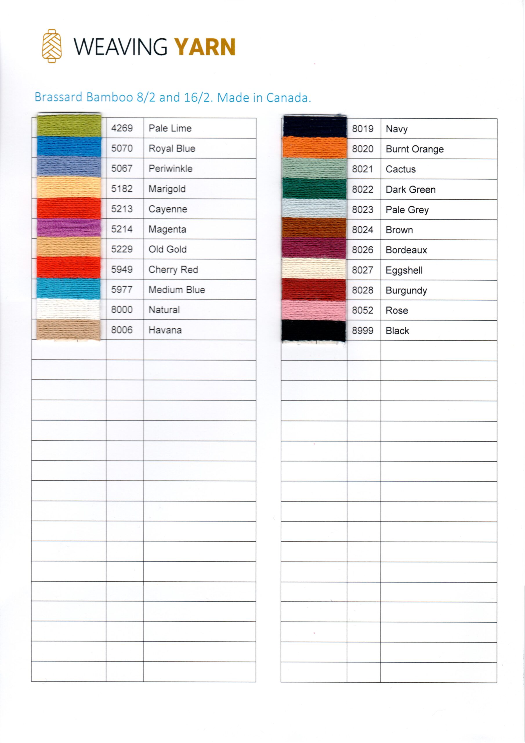 Digital Shade Card - Brassard Bamboo 8/2 and 16/2