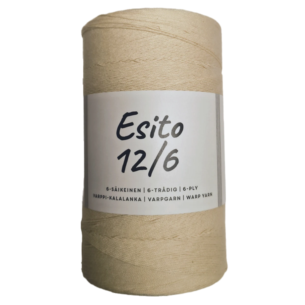 A 500g spool of Esito brand rug warp 12/6 NeC, with the front of the label visible showing the brand and count.