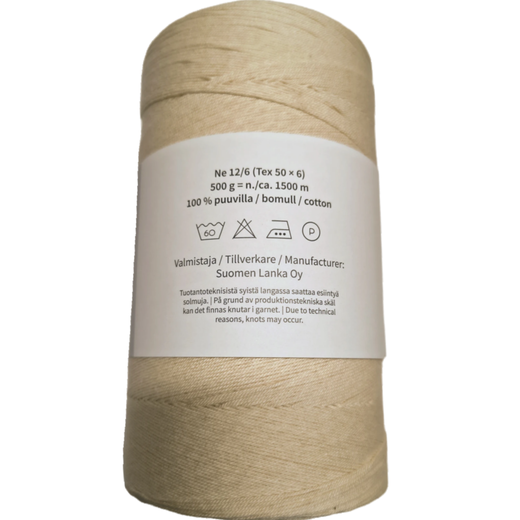 A 500g spool of Esito brand rug warp 12/6 NeC, with the rear of the label visible showing the washing instructions.