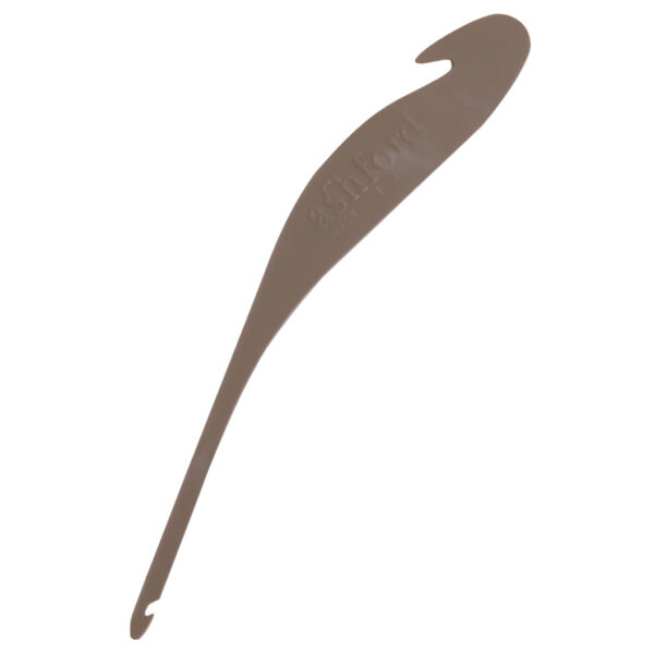 Brown plastic double ended threading hook with "Ashford" moulded into one side.