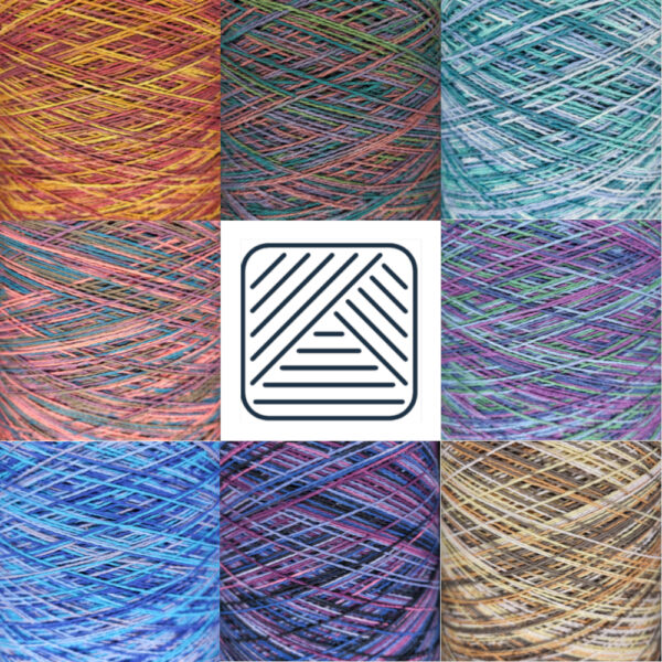 Meridian Mill House Cotton 8/2 NeC Variegated Eight colour combons of Meridian Mill House Variegated Cotton arranged in a square around the company logo