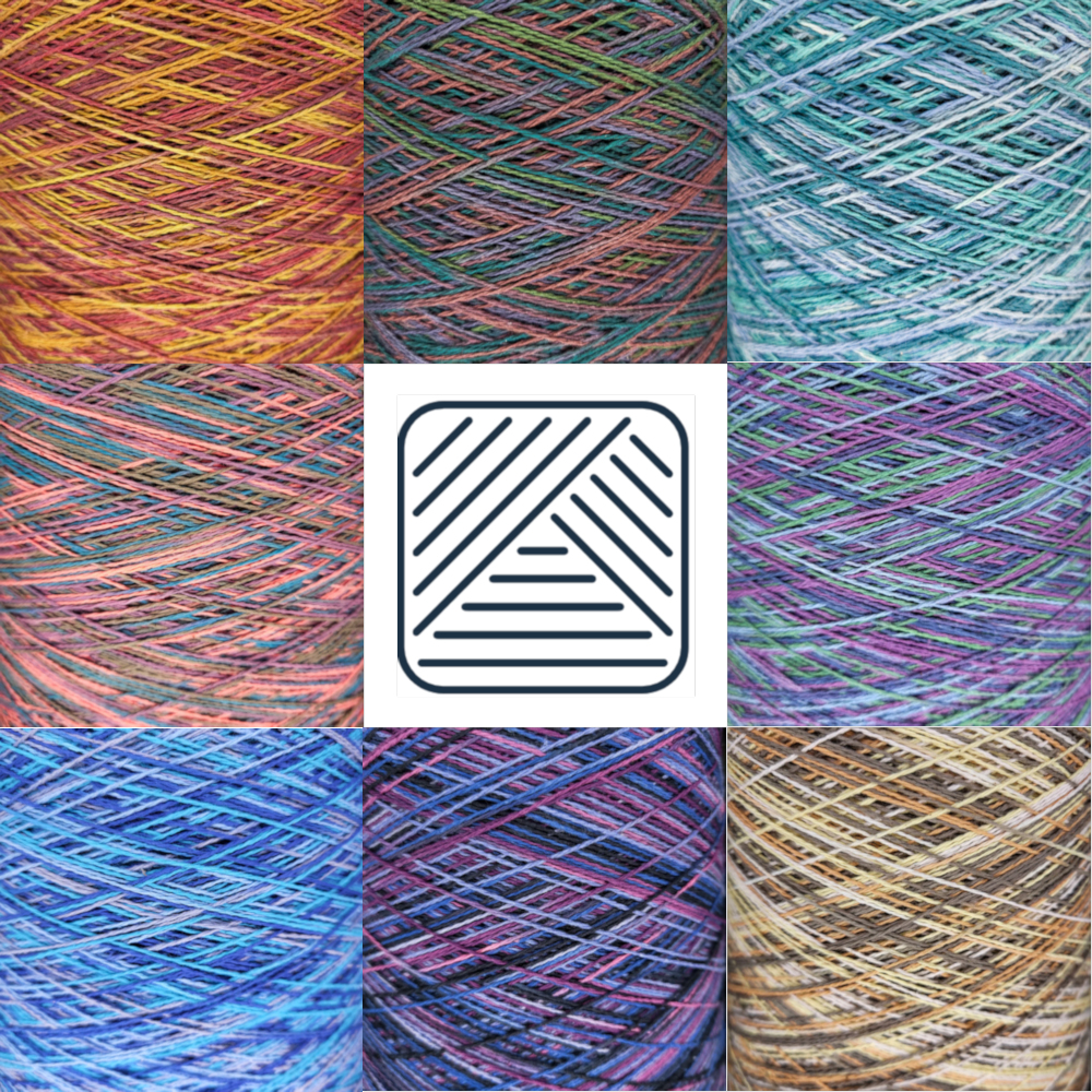Eight colour combons of Meridian Mill House Variegated Cotton arranged in a square around the company logo